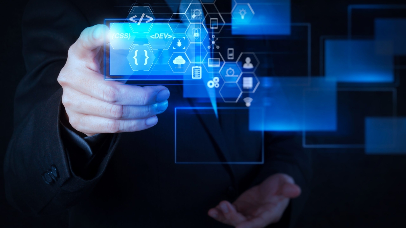 Coding software developer work with augmented reality dashboard computer icons of scrum agile development and code fork and versioning with responsive cybersecurity.businessman hand pushing on a touch screen.