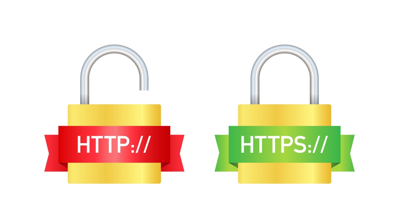 http and https protocols on shield, on white background. Vector stock illustration