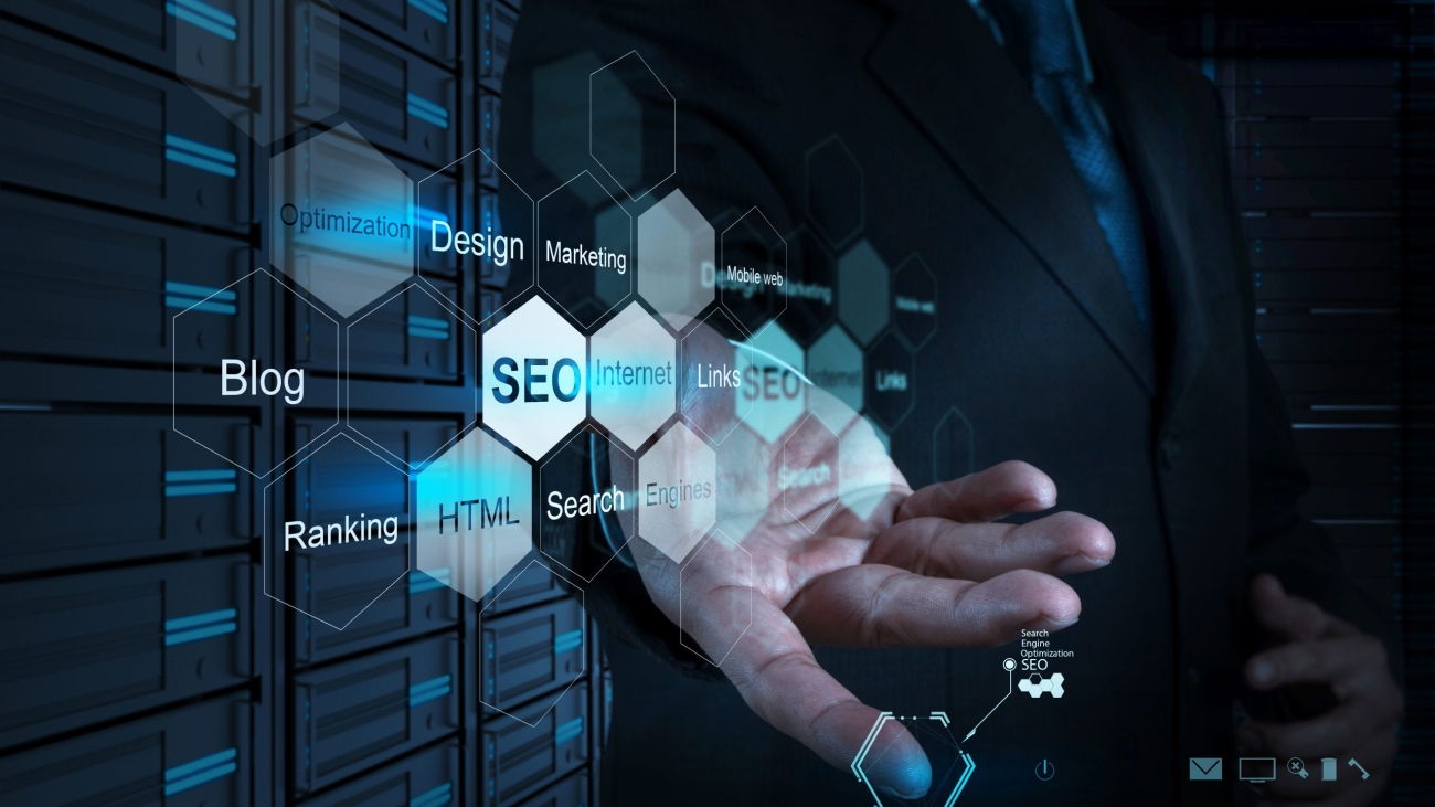 businessman hand showing search engine optimization SEO as concept