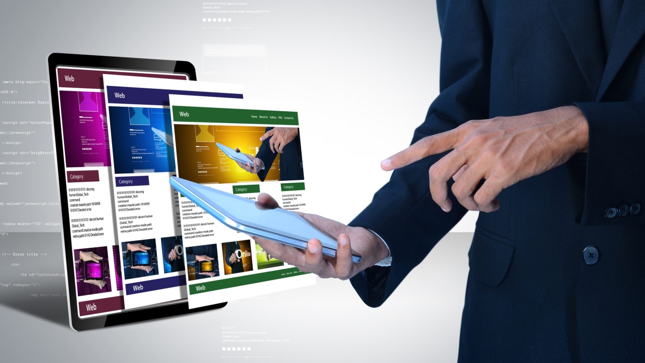 business man showing web page